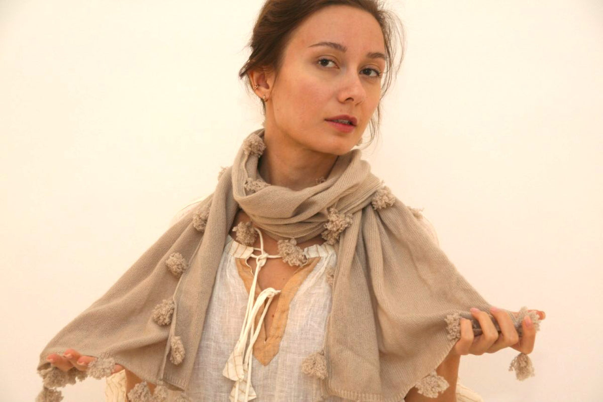 Cashmere Pompom Scarf Sand