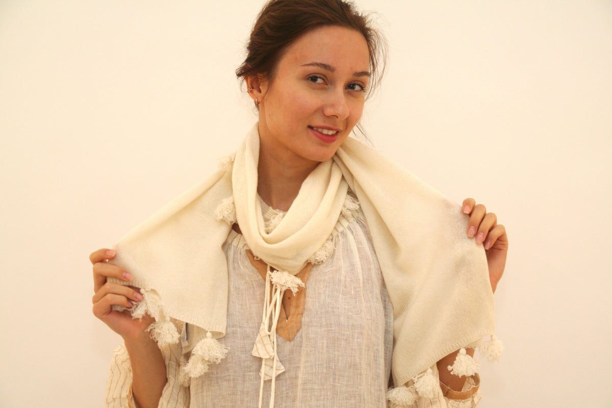Cashmere Pompom Scarf - White