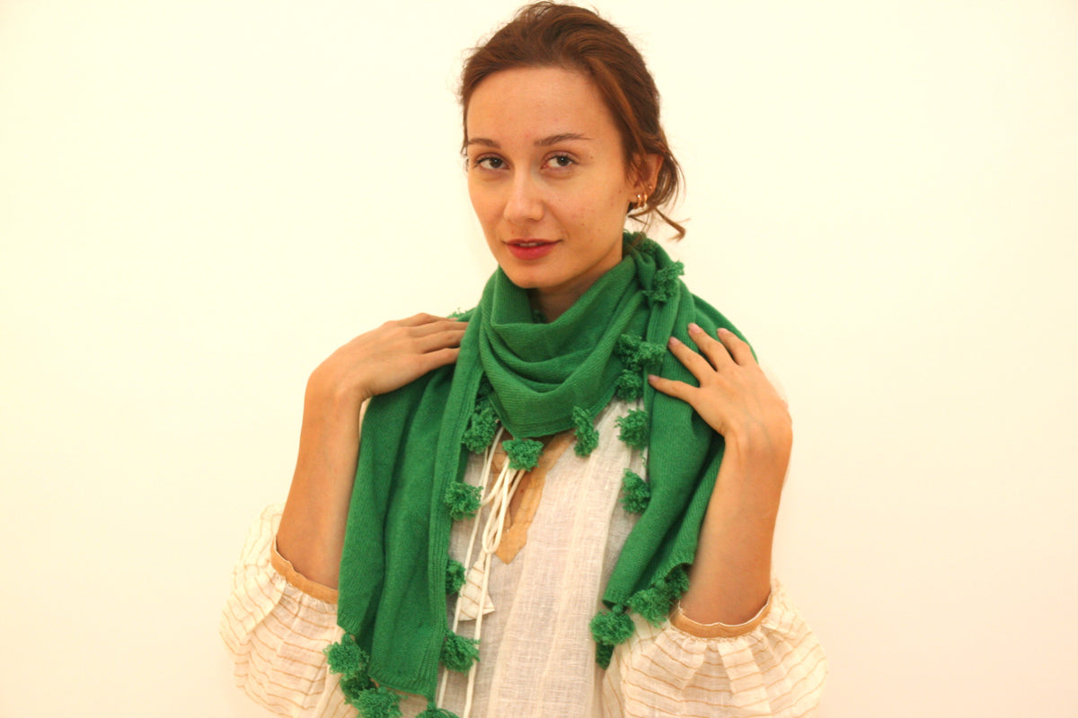 Cashmere Pompom Scarf - Kelly Green