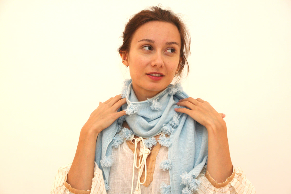 Cashmere Pompom Scarf - Baby Blue