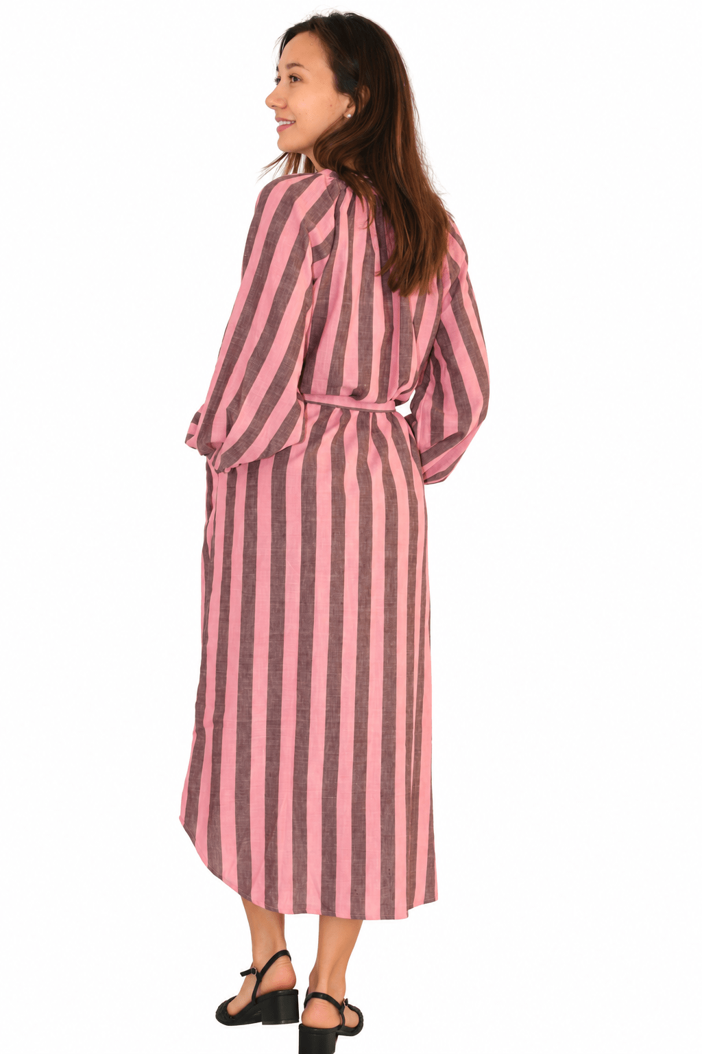 Khadi Stripes Ruffle Neck Shirt Dress Mauve - Joshi