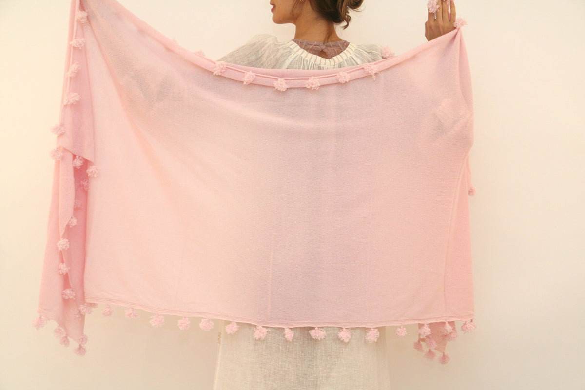 Knitted Cashmere Pom Pom Scarf - Baby Pink - Joshi