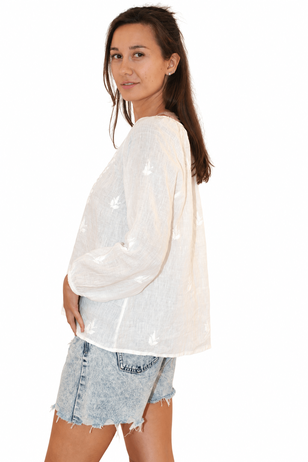 Linen Peasant Top White Emb - Joshi