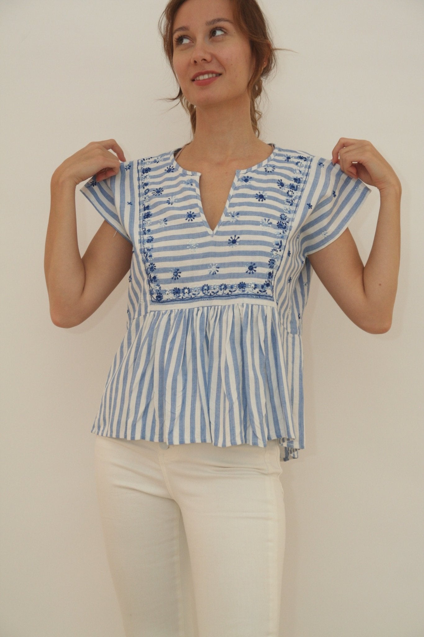 Nina Top blue stripes and blue emb - Joshi