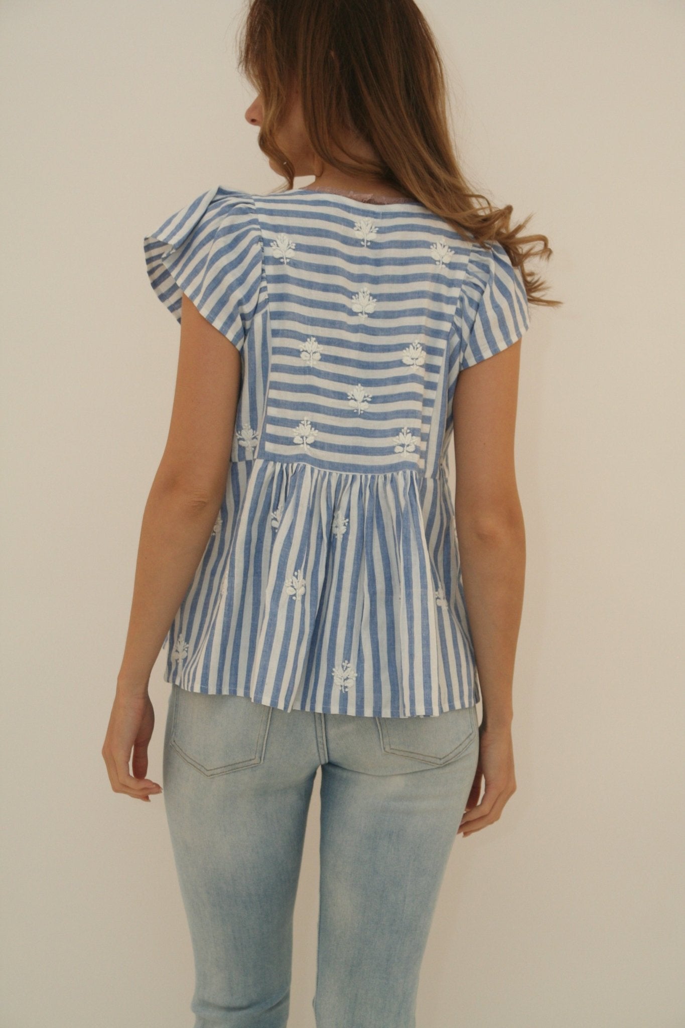 Nina Top blue stripes and white emb - Joshi