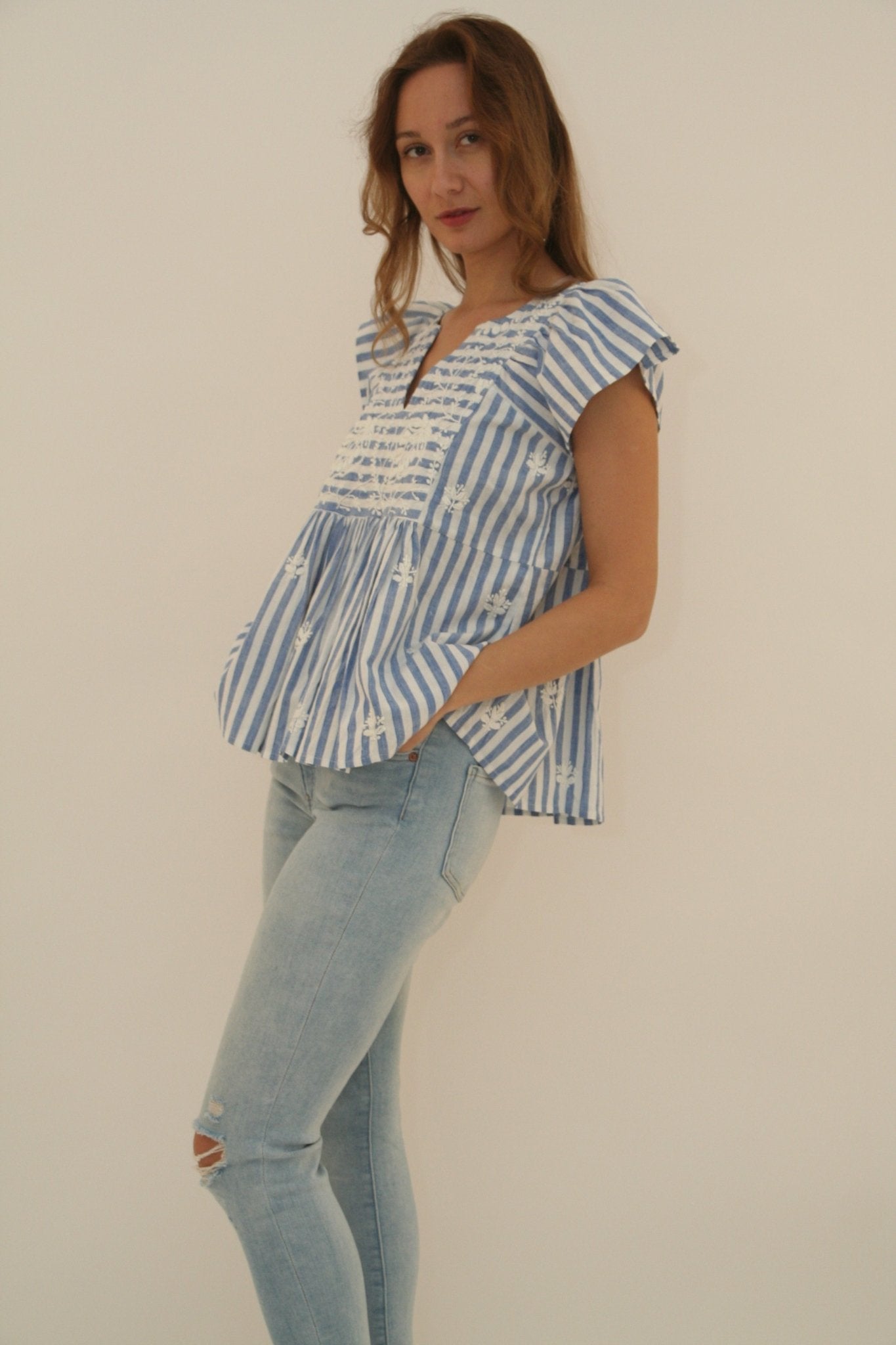Nina Top blue stripes and white emb - Joshi