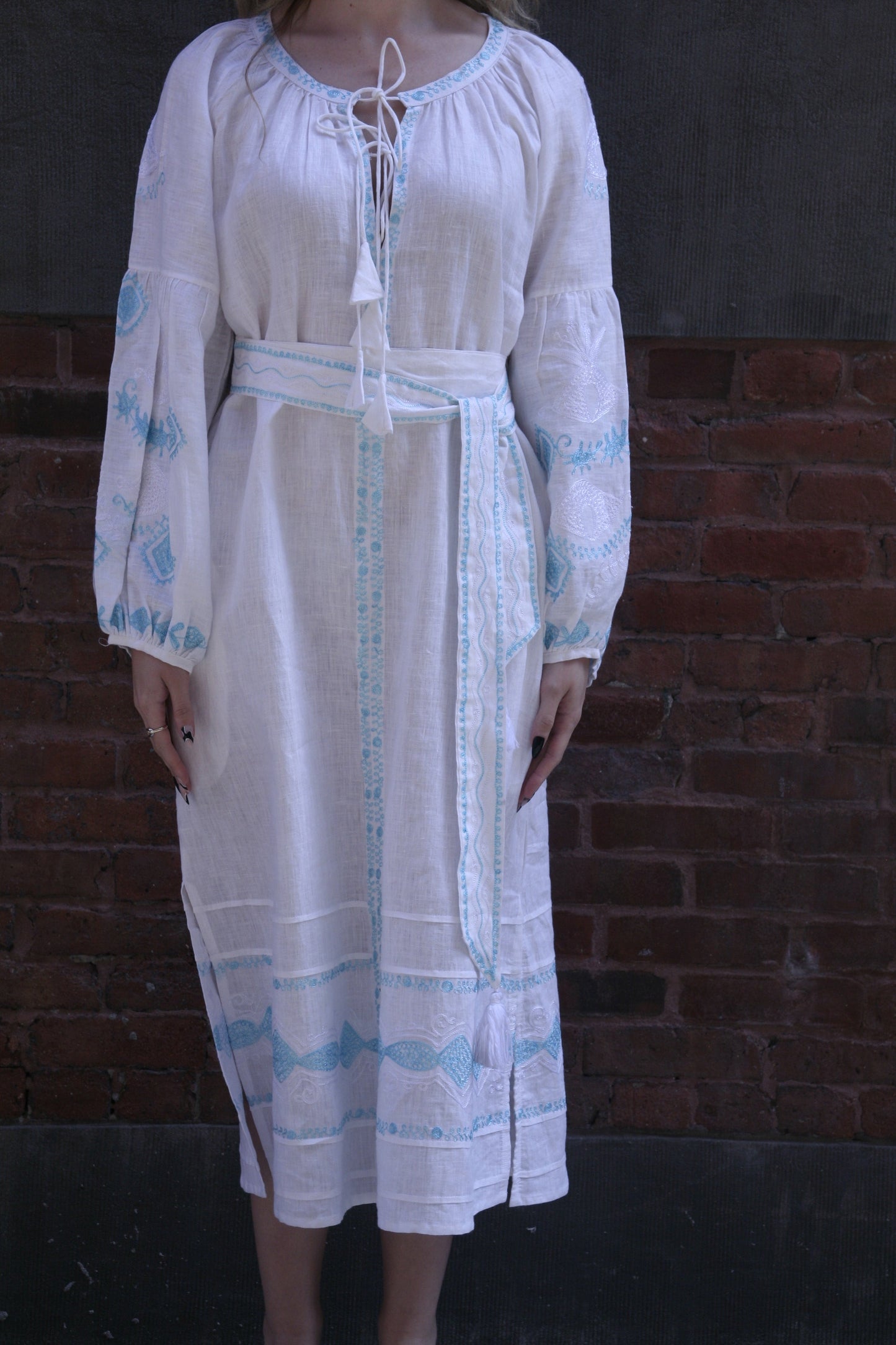 Sasha Linen Dress White Aqua Emb - Joshi