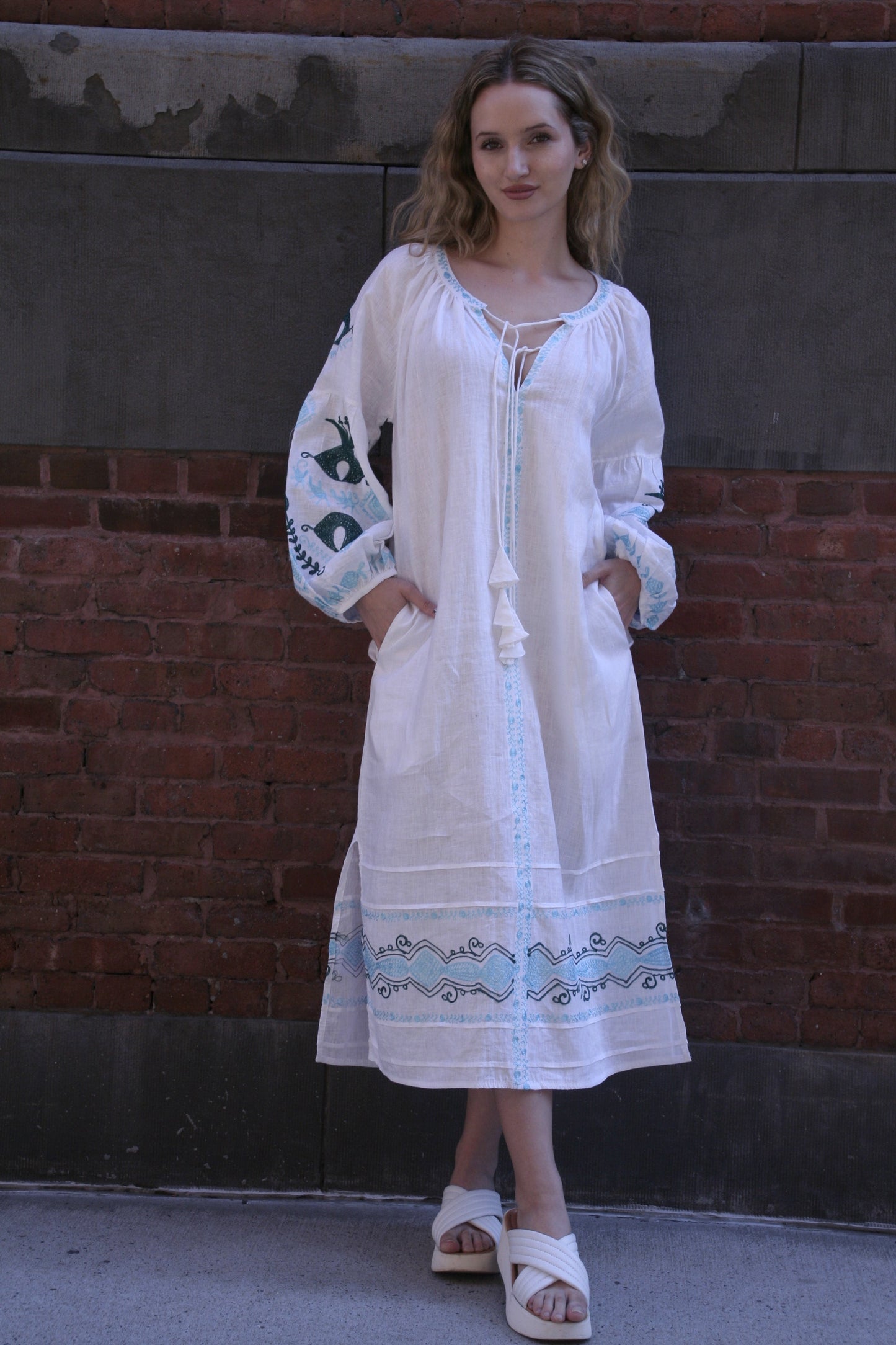 Sasha Linen Dress White Teal Emb - Joshi