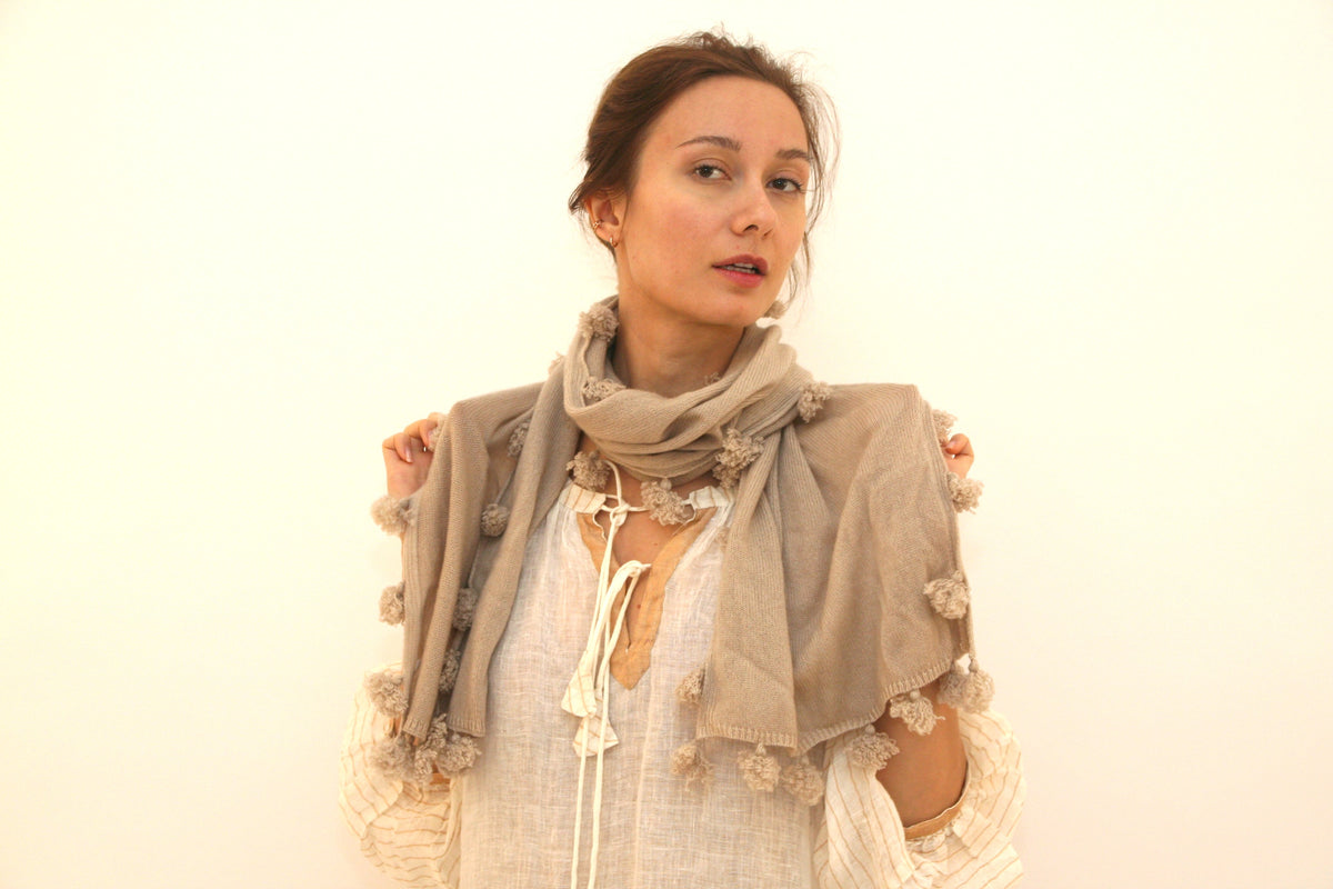 Cashmere Pompom Scarf Sand