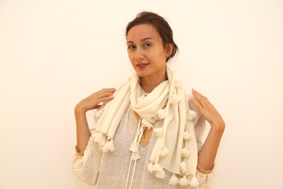 Cashmere Pompom Scarf - White