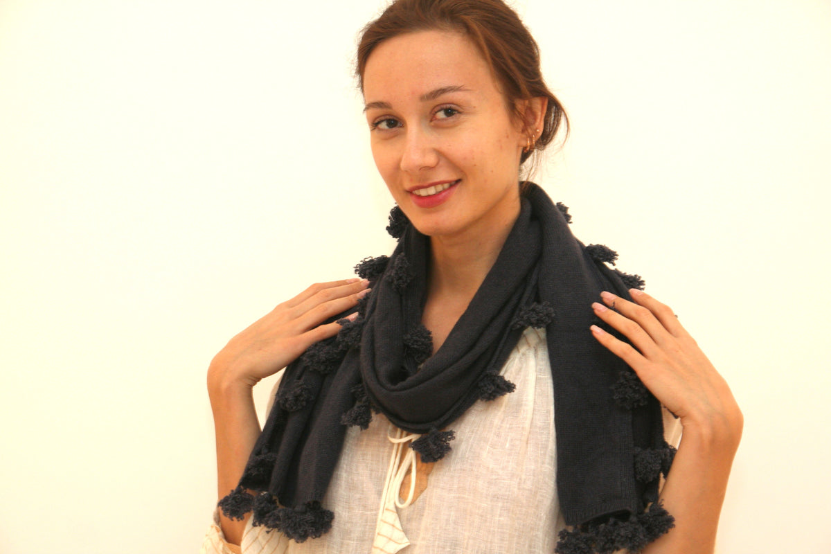 Cashmere Pompom Scarf Charcoal
