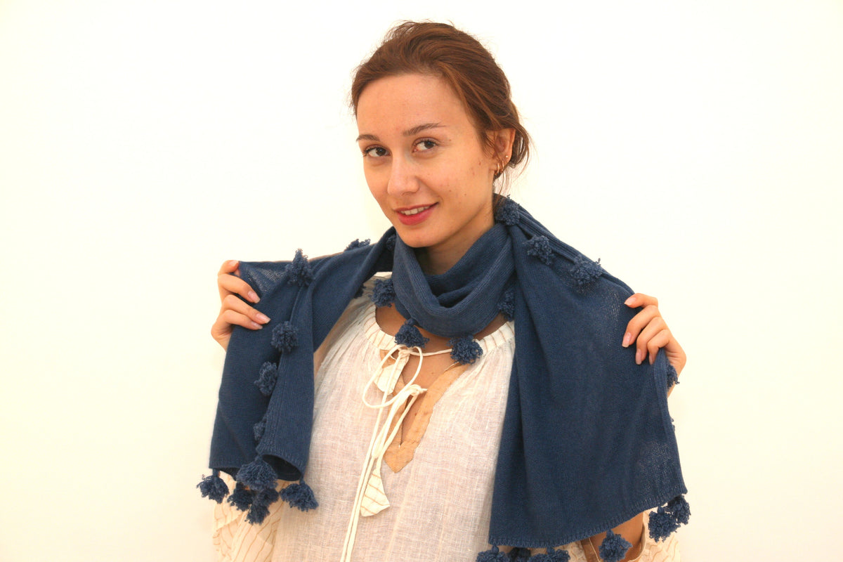 Cashmere Pompom Scarf Denim