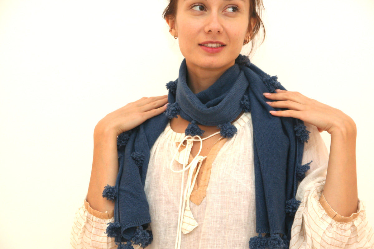 Cashmere Pompom Scarf Denim