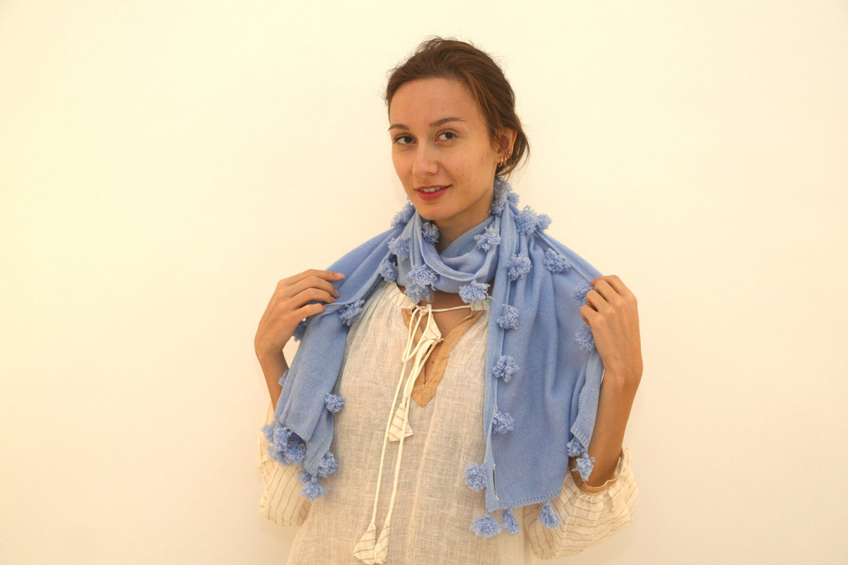 Cashmere Pompom Scarf Periwinkle