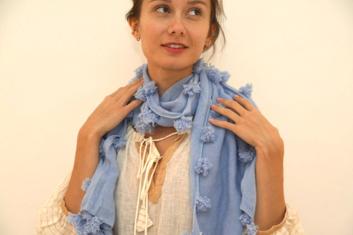 Cashmere Pompom Scarf Periwinkle