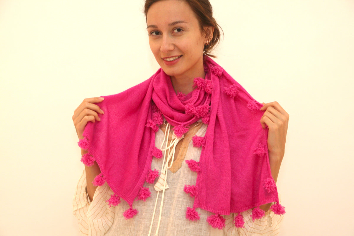 Cashmere Pompom Scarf Hot Pink