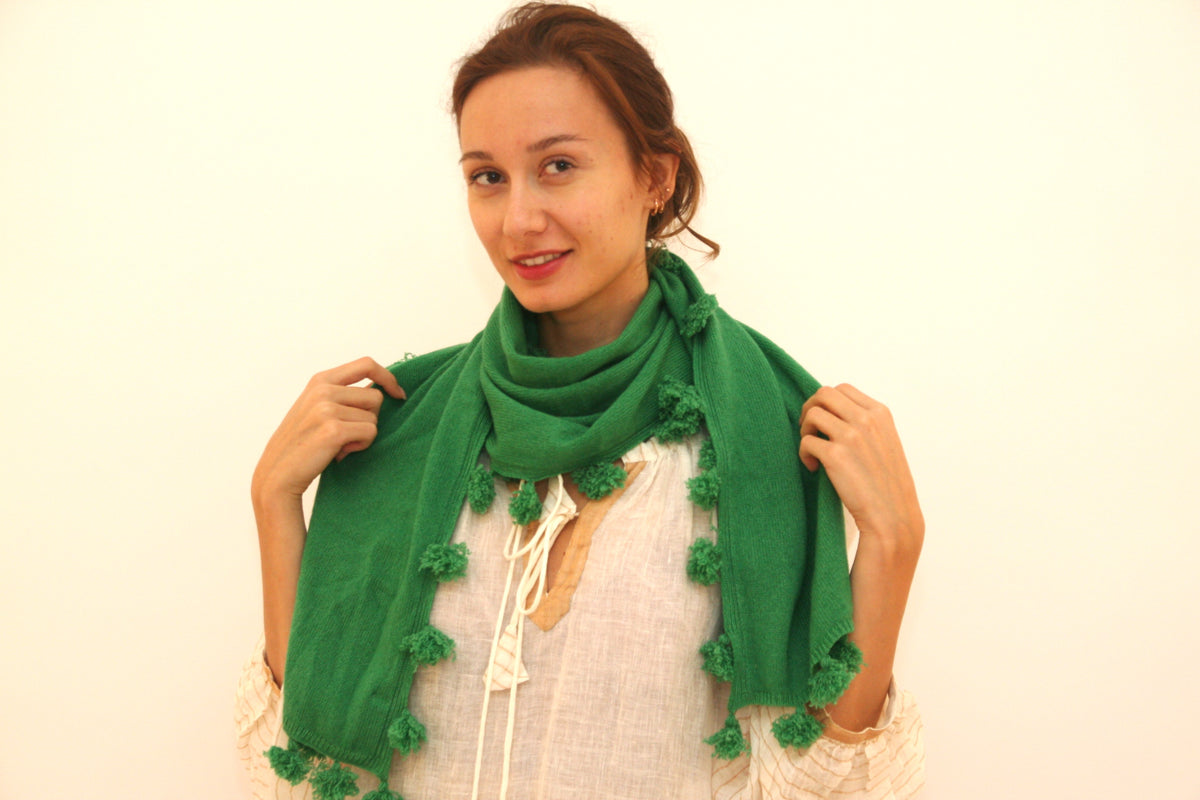 Cashmere Pompom Scarf - Kelly Green