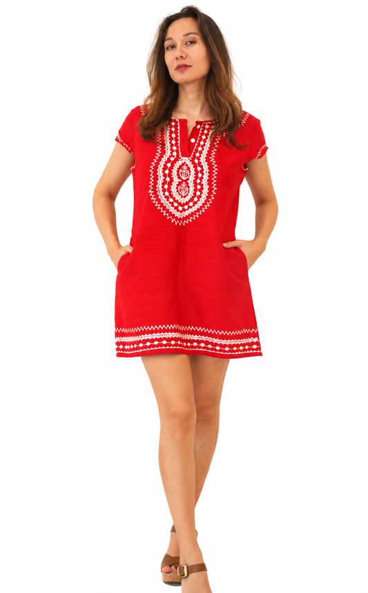 Paloma mini dress in royal bright red dupion with white embroidery, a split neckline, short sleeves, & a bohemian silhouette