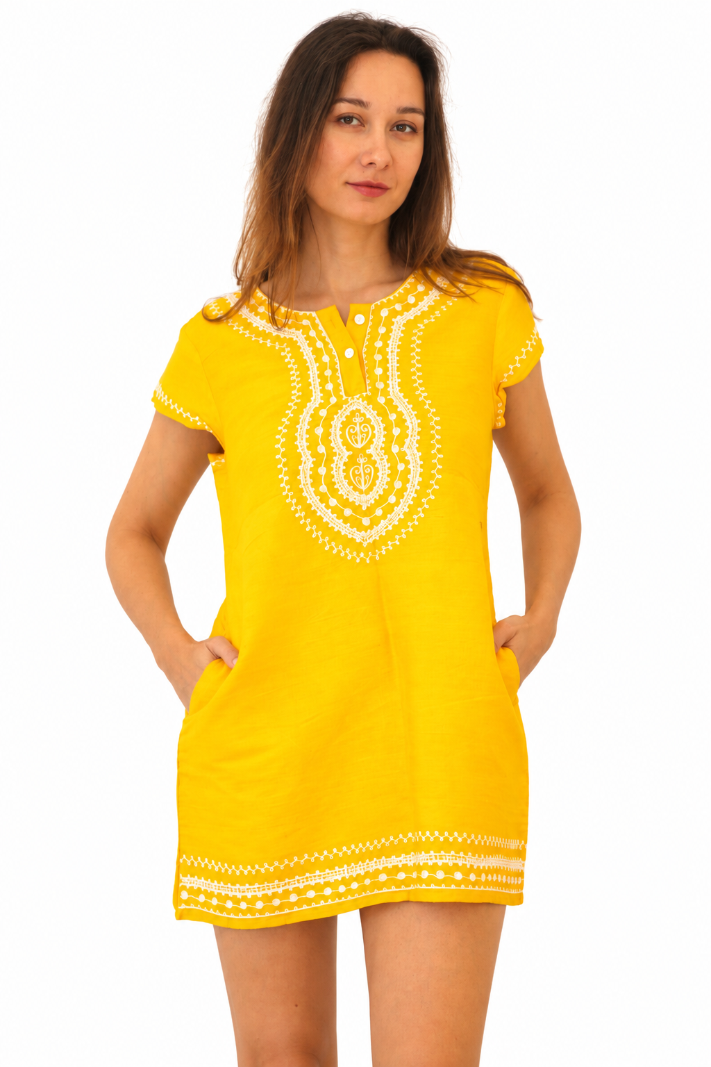 Paloma mini dress in bright yellow silk dupion with white embroidery, a split neckline, short sleeves & a bohemian silhouette