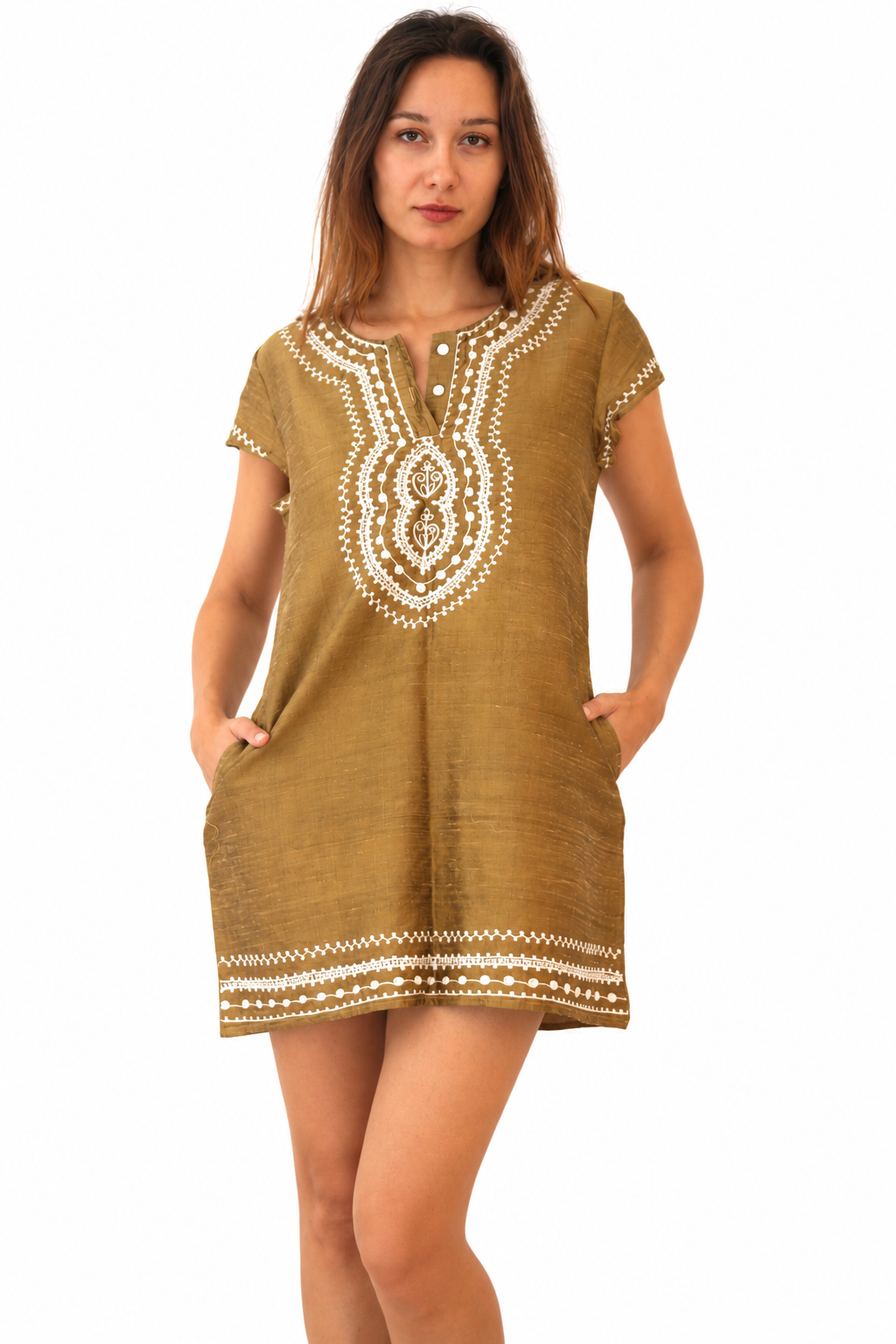 Paloma mini dress in gold silk dupion with intricate white embroidery, a flattering split neckline, short sleeves, and a relaxed bohemian silhouette.