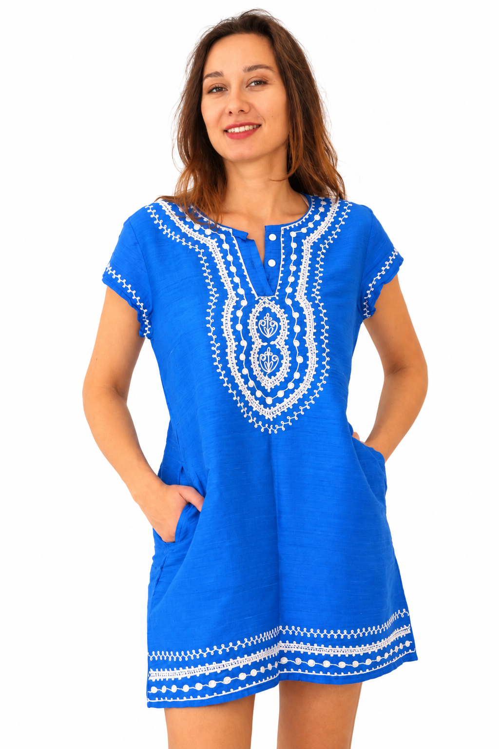 Paloma mini dress in royal blue silk dupion with white embroidery, a split neckline, short sleeves, and a bohemian silhouette