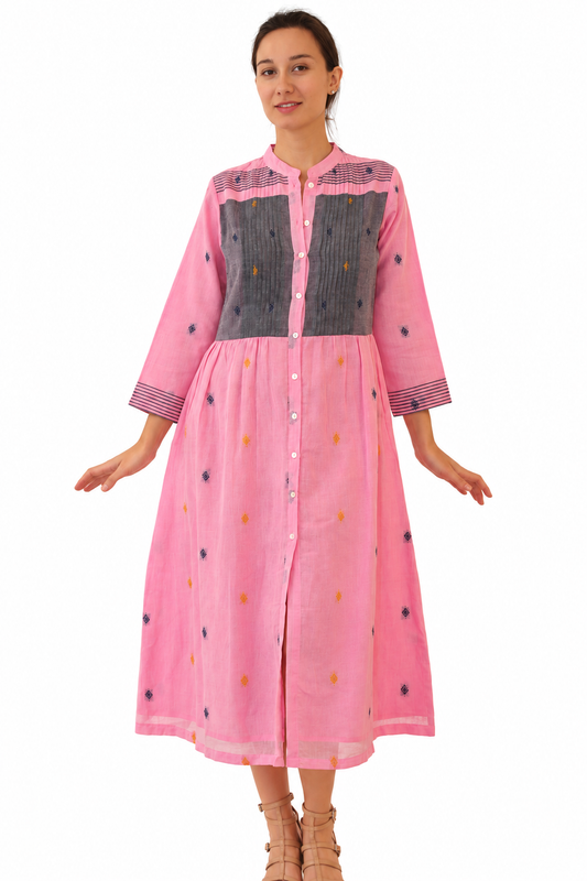 Khadi Mona Pintuck Dress Pink - JoshiHandwoven