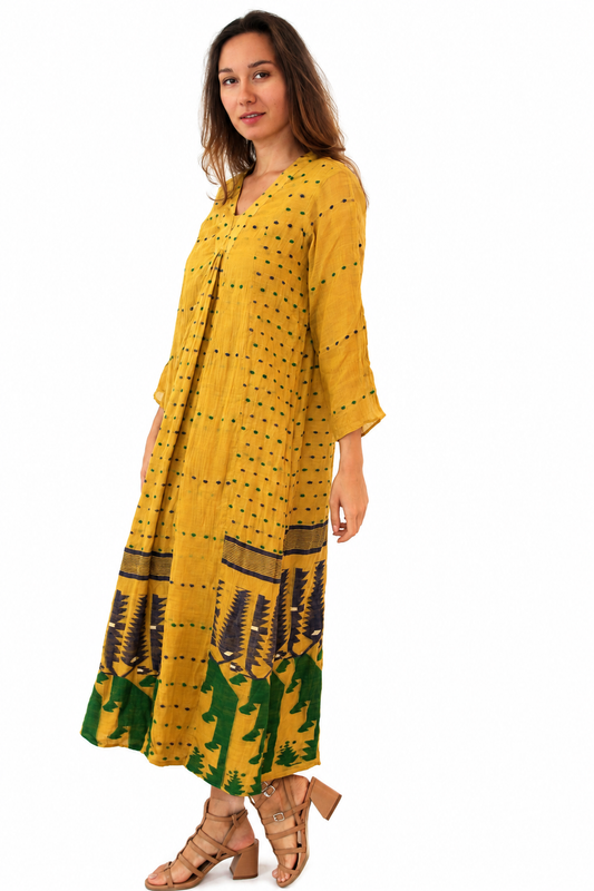 Jamdani Cabana Kurta (lined) Mustard - JoshiJoshi