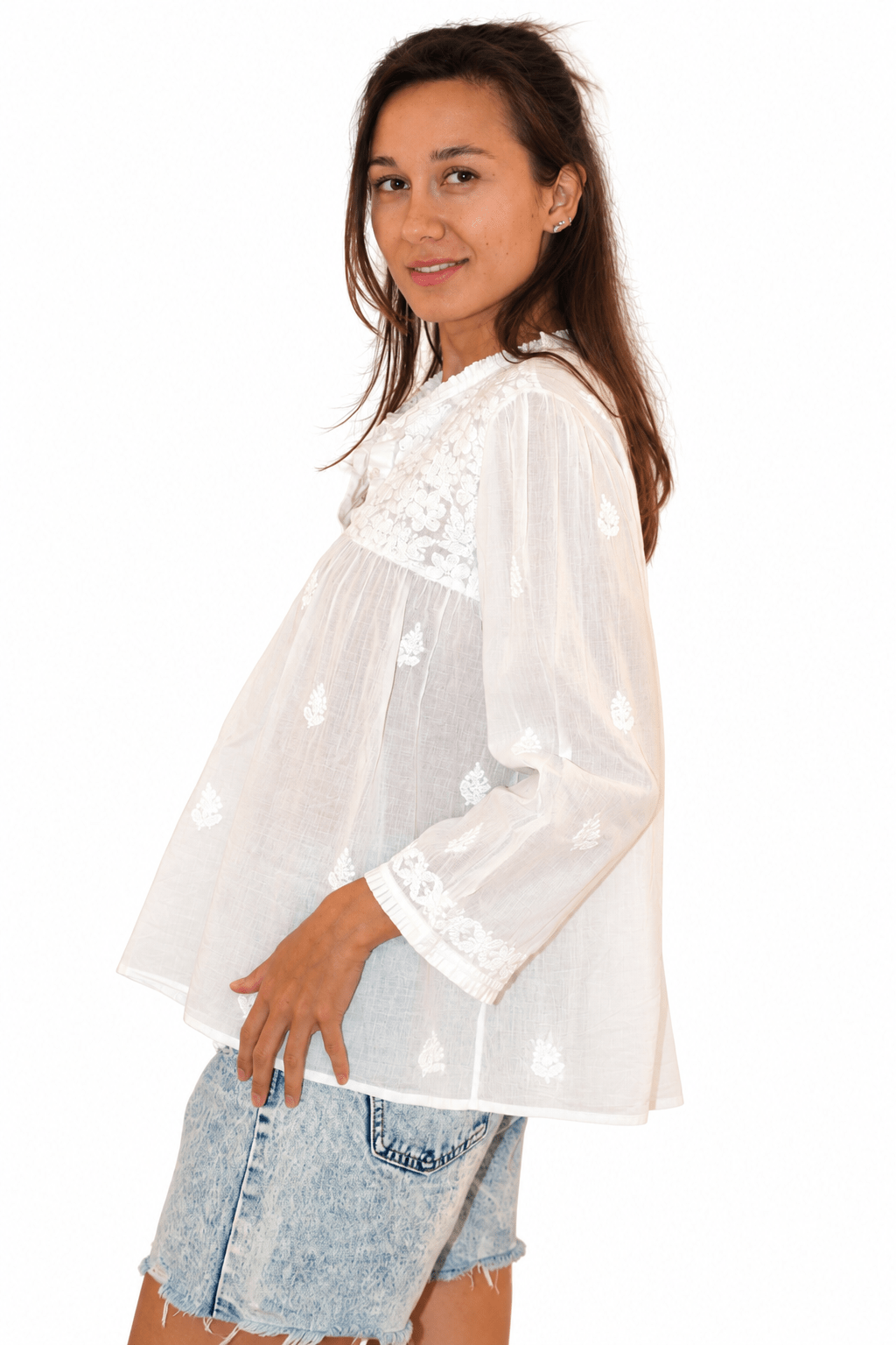 Cotton Voile Rabari Top – White Embroidered - Joshi