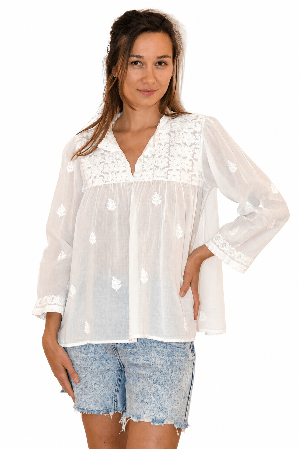 Cotton Voile Rabari Top – White Embroidered - Joshi