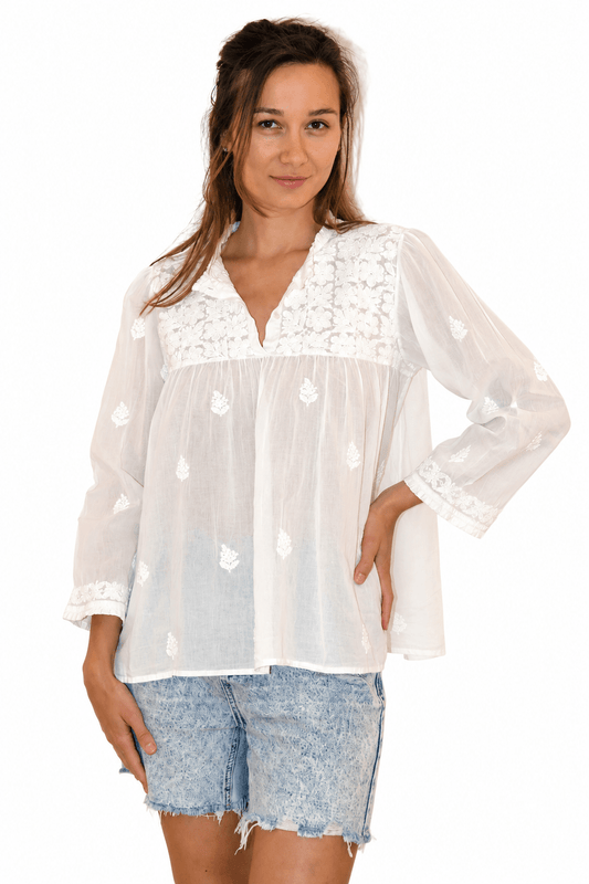 Cotton Voile Rabari Top – White Embroidered - Joshi