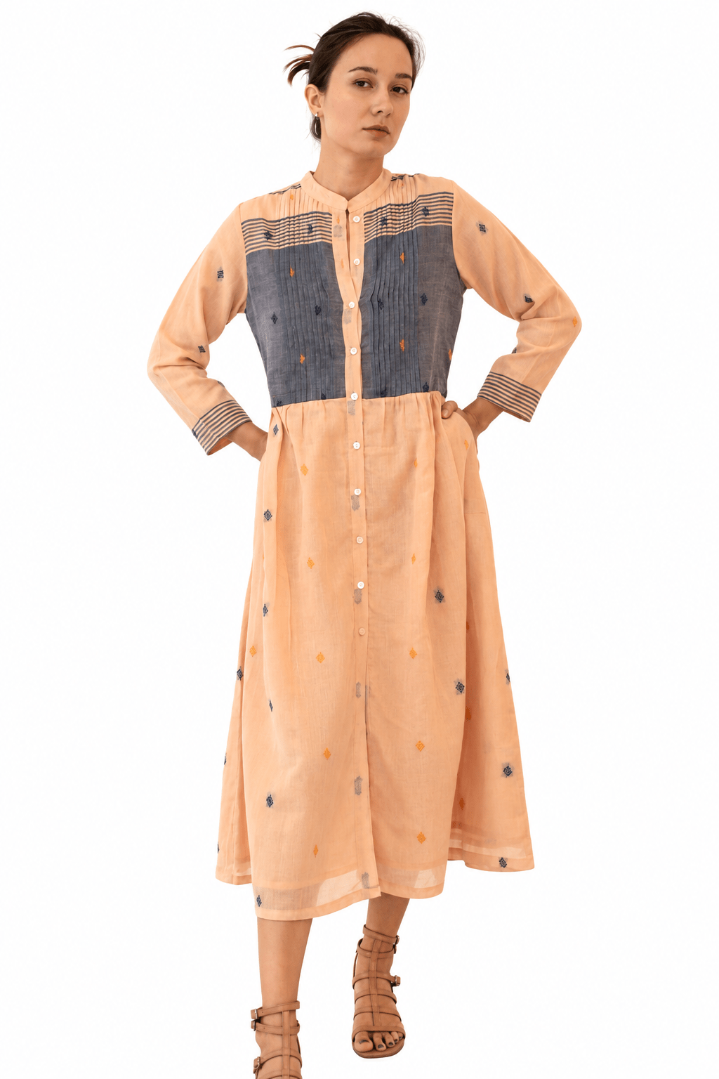 Khadi Mona Pintuck Dress Apricot - JoshiKhadiPintuck