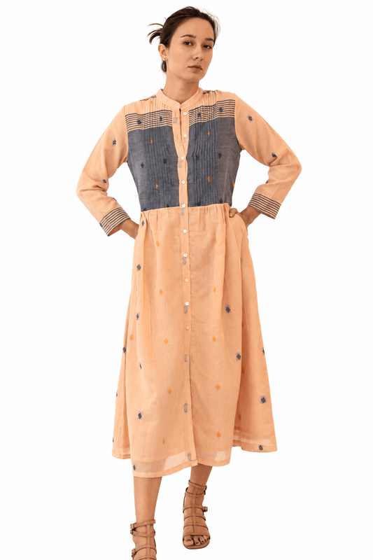 Khadi Mona Pintuck Dress Apricot - JoshiKhadiPintuck