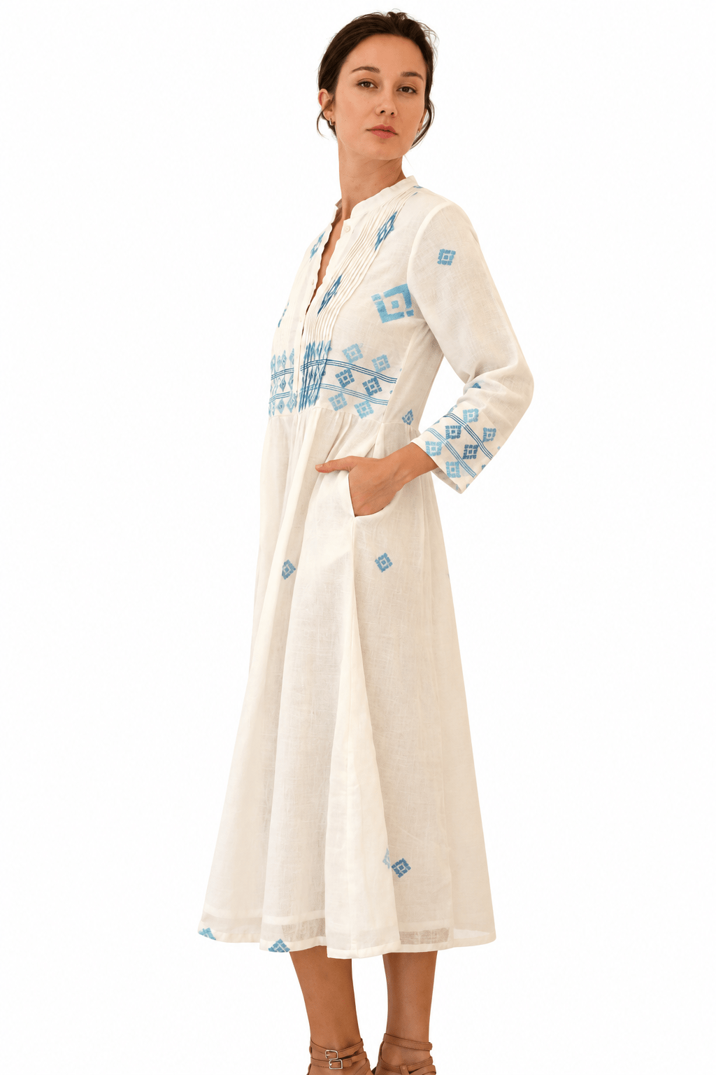 Khadi Mona Pintuck Dress Off White (Lined) - Joshi