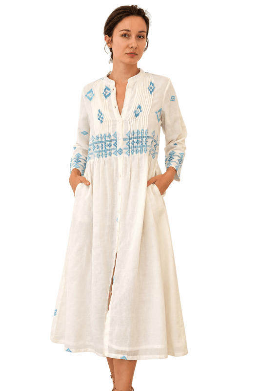 Khadi Mona Pintuck Dress Off White (Lined) - JoshiLined