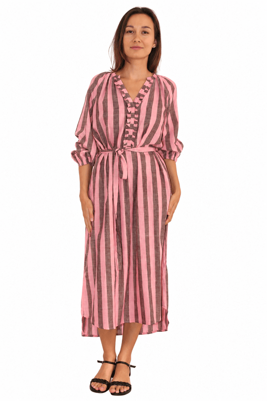 Khadi Stripes Ruffle Neck Shirt Dress Mauve - JoshiStripes