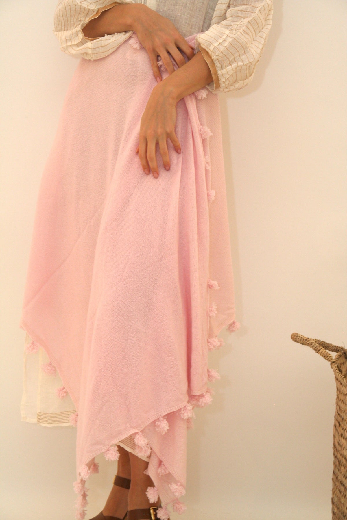 Knitted Cashmere Pom Pom Scarf - Baby Pink - Joshi