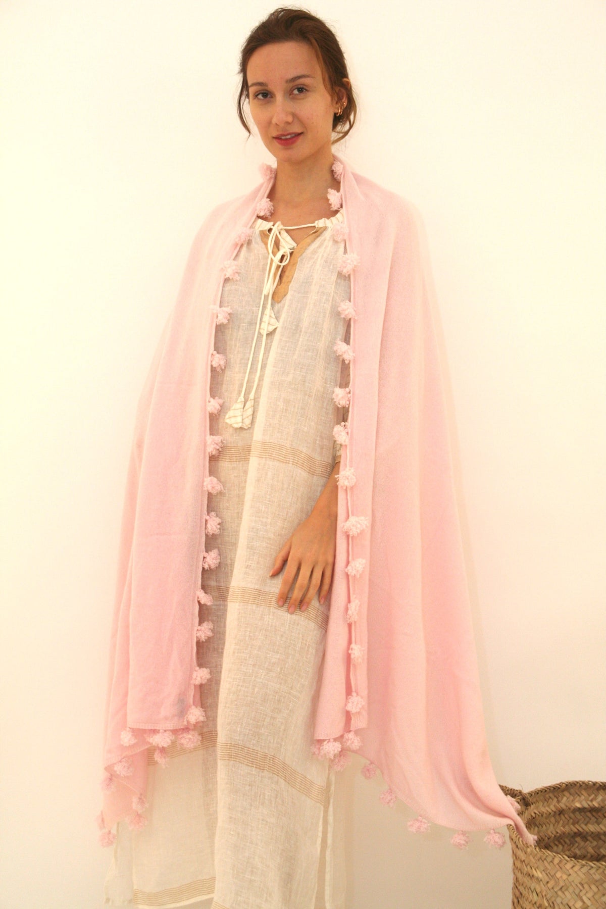 Knitted Cashmere Pom Pom Scarf - Baby Pink - Joshi