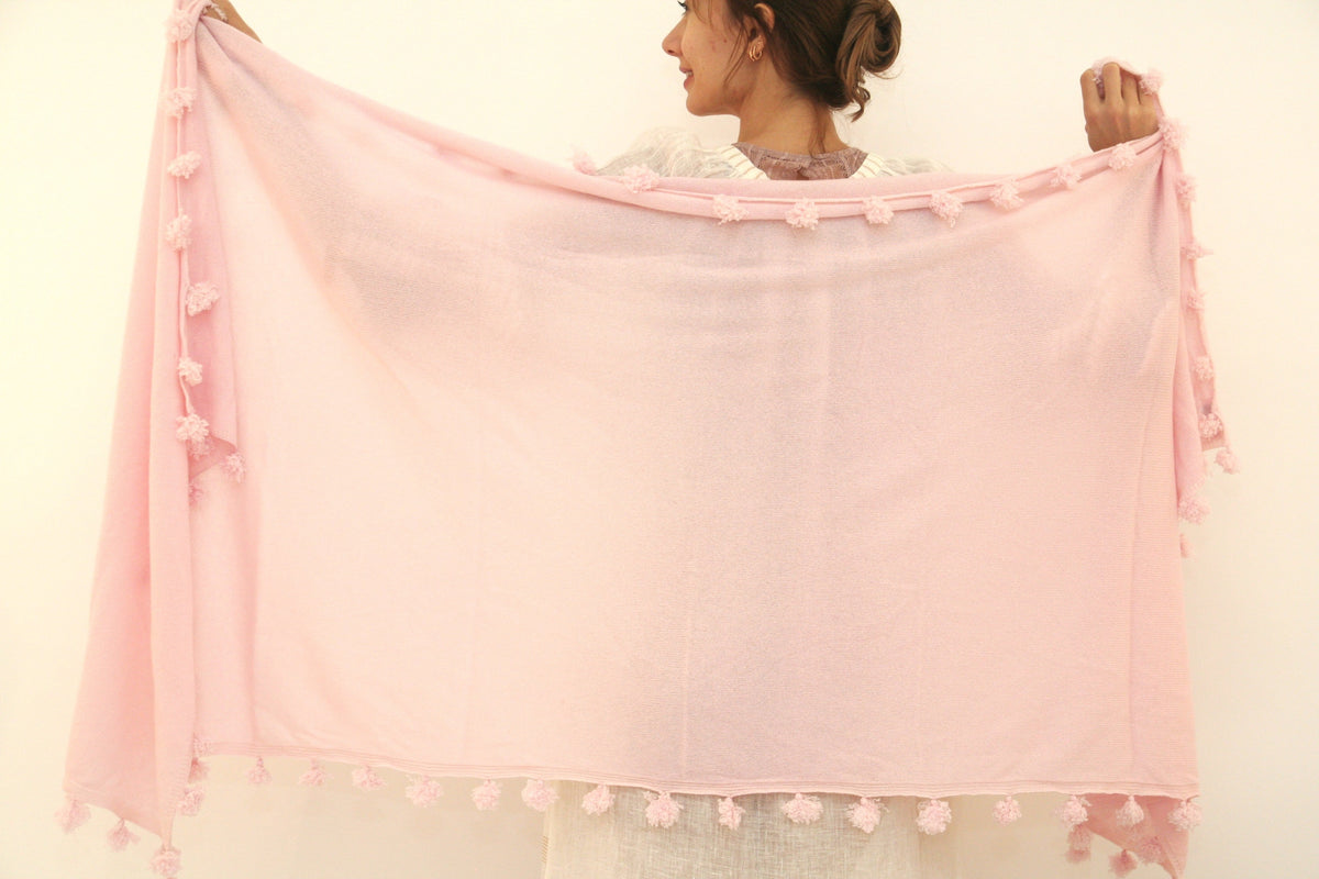 Knitted Cashmere Pom Pom Scarf - Baby Pink - Joshi