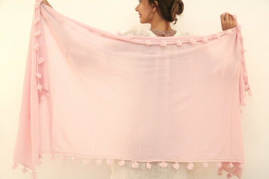 Knitted Cashmere Pom Pom Scarf - Baby Pink - Joshi