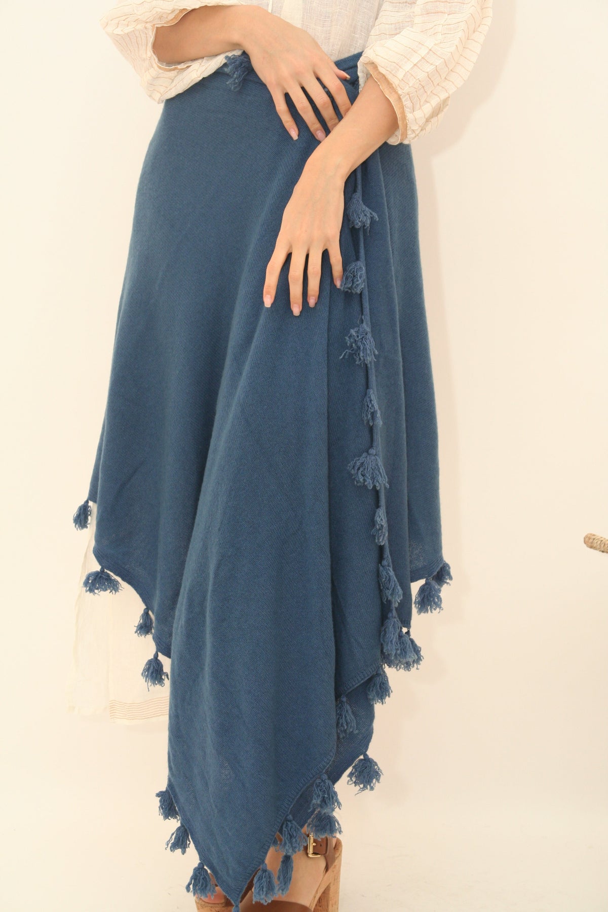 Knitted Cashmere Pom Pom Scarf - Denim - Joshi