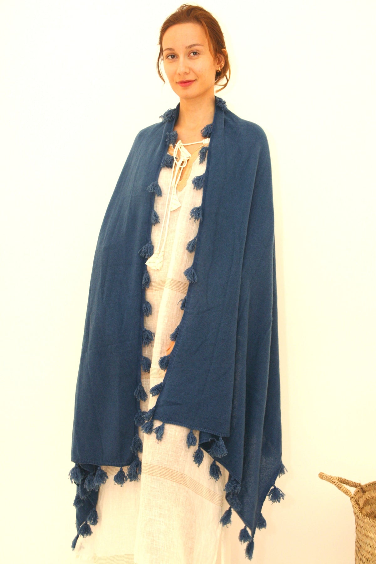 Knitted Cashmere Pom Pom Scarf - Denim - Joshi