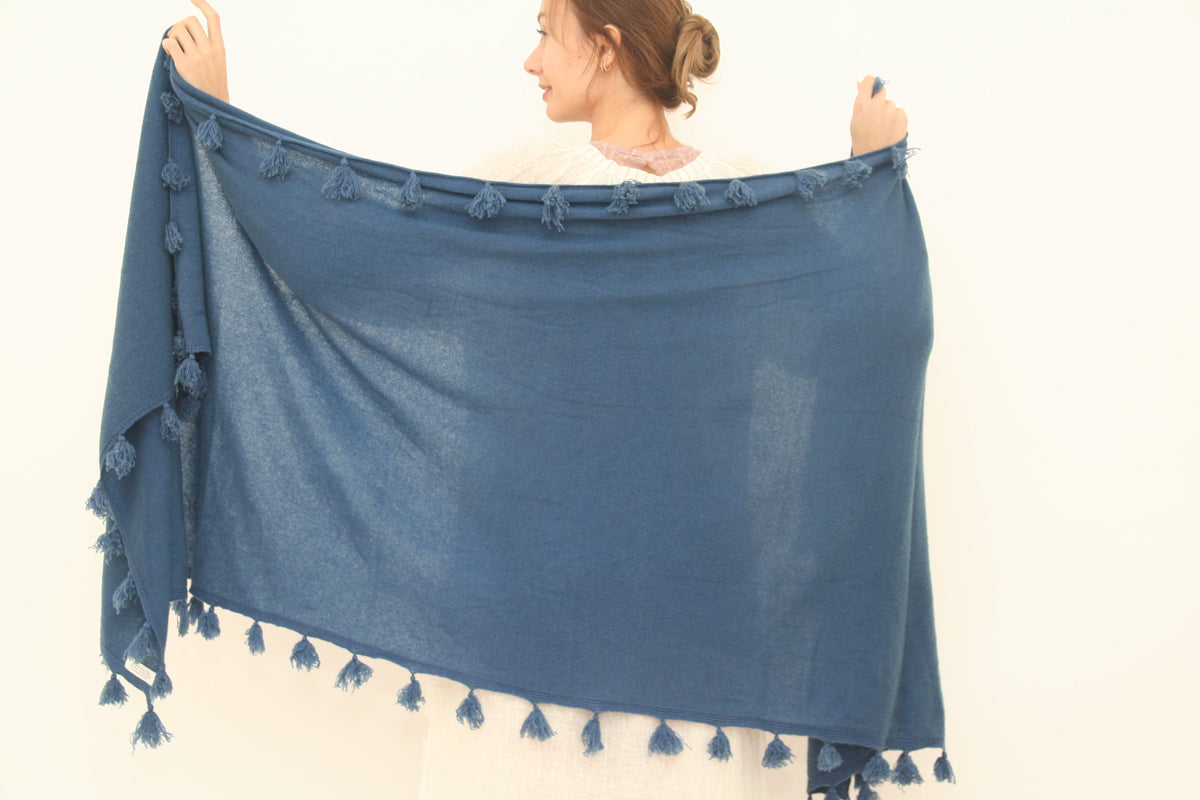 Knitted Cashmere Pom Pom Scarf - Denim - Joshi