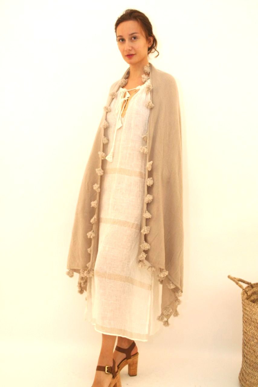 Knitted Cashmere Pom Pom Scarf - Oatmeal - Joshi