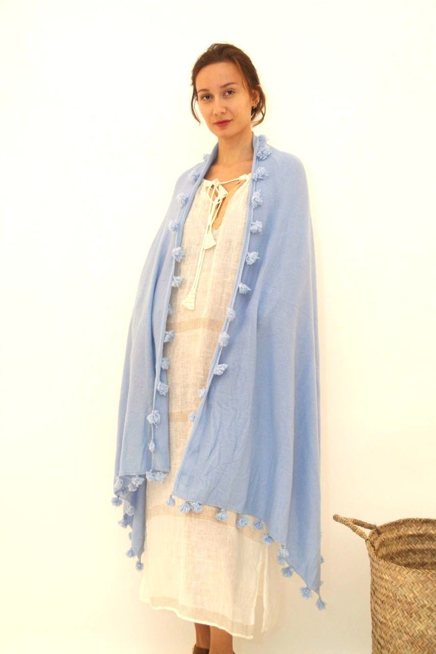 Knitted Cashmere Pom Pom Scarf - Periwinkle - Joshi