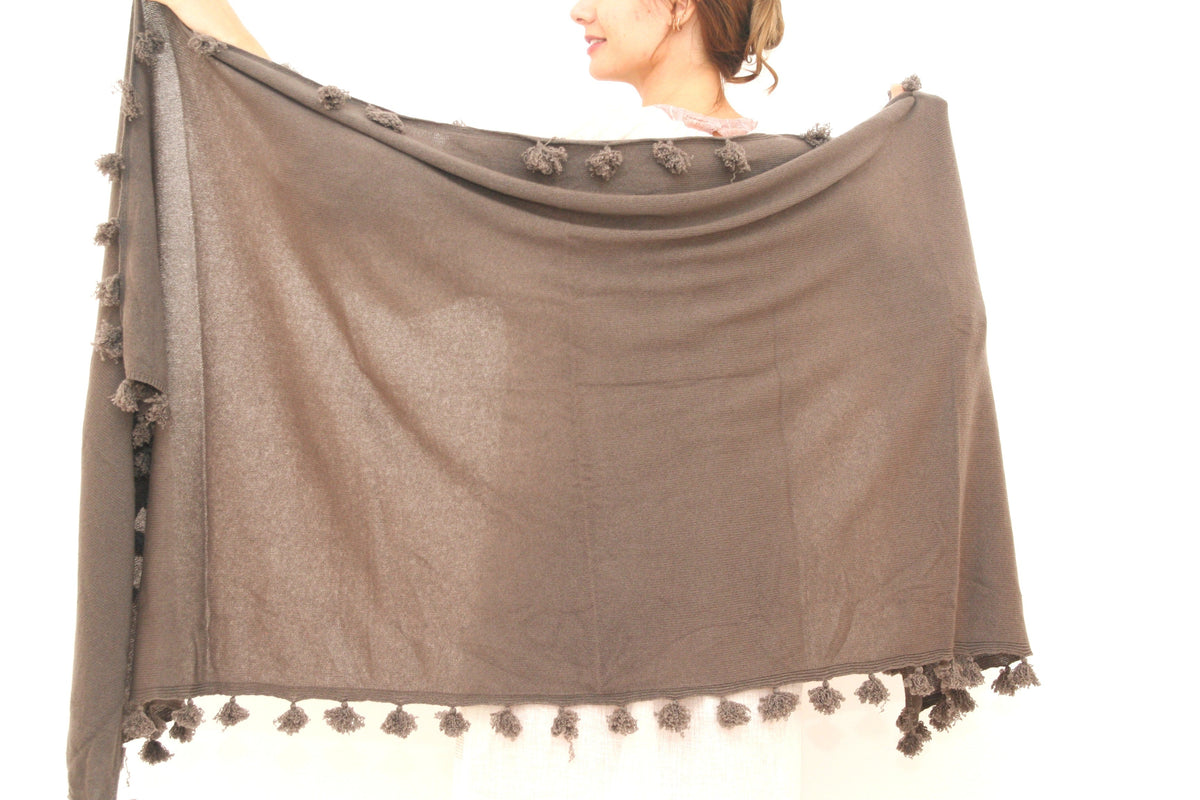Knitted Cashmere Pom Pom Scarf - Taupe - Joshi