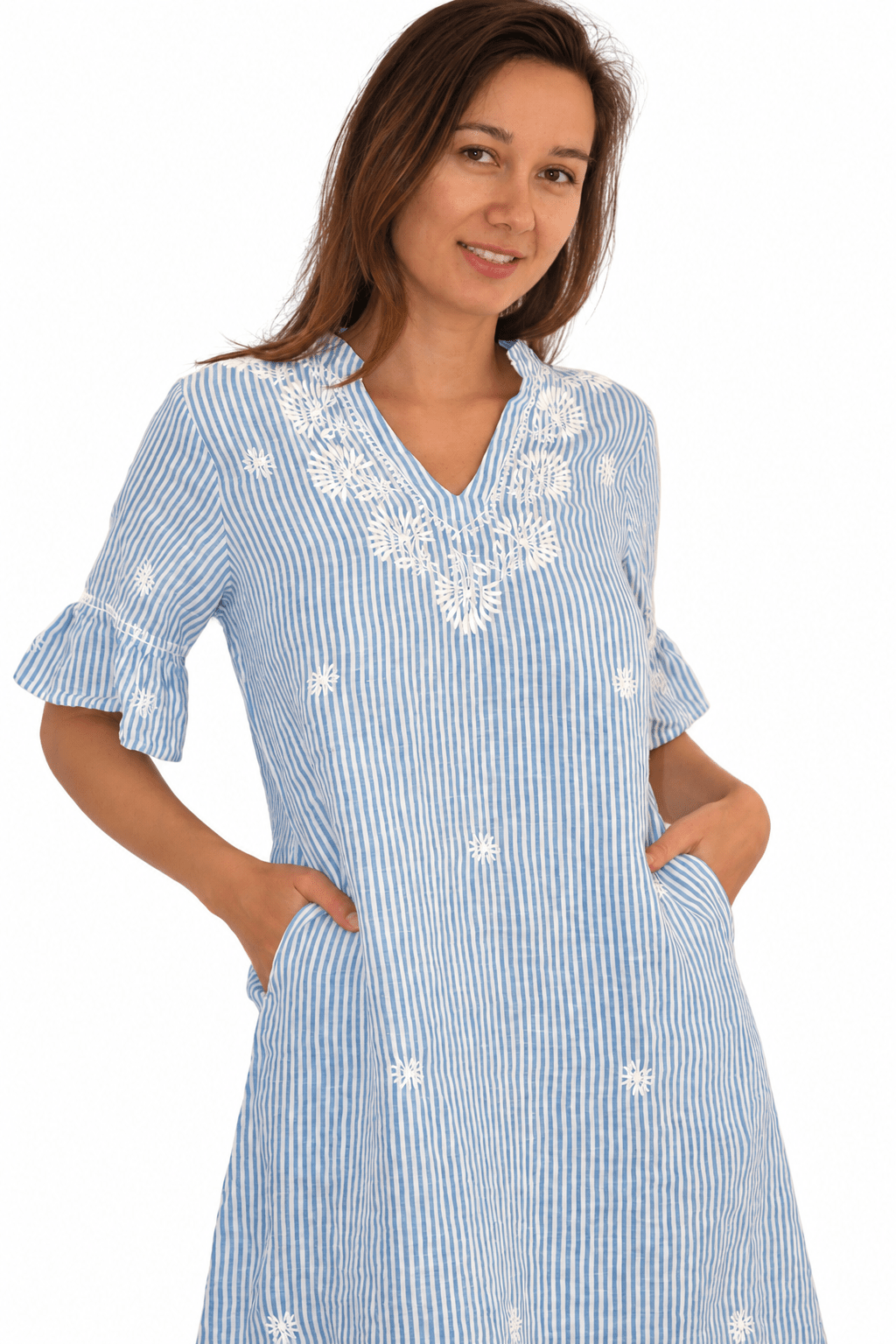 Linen Blue Stripes Kurta – White Hand Emb - Joshi