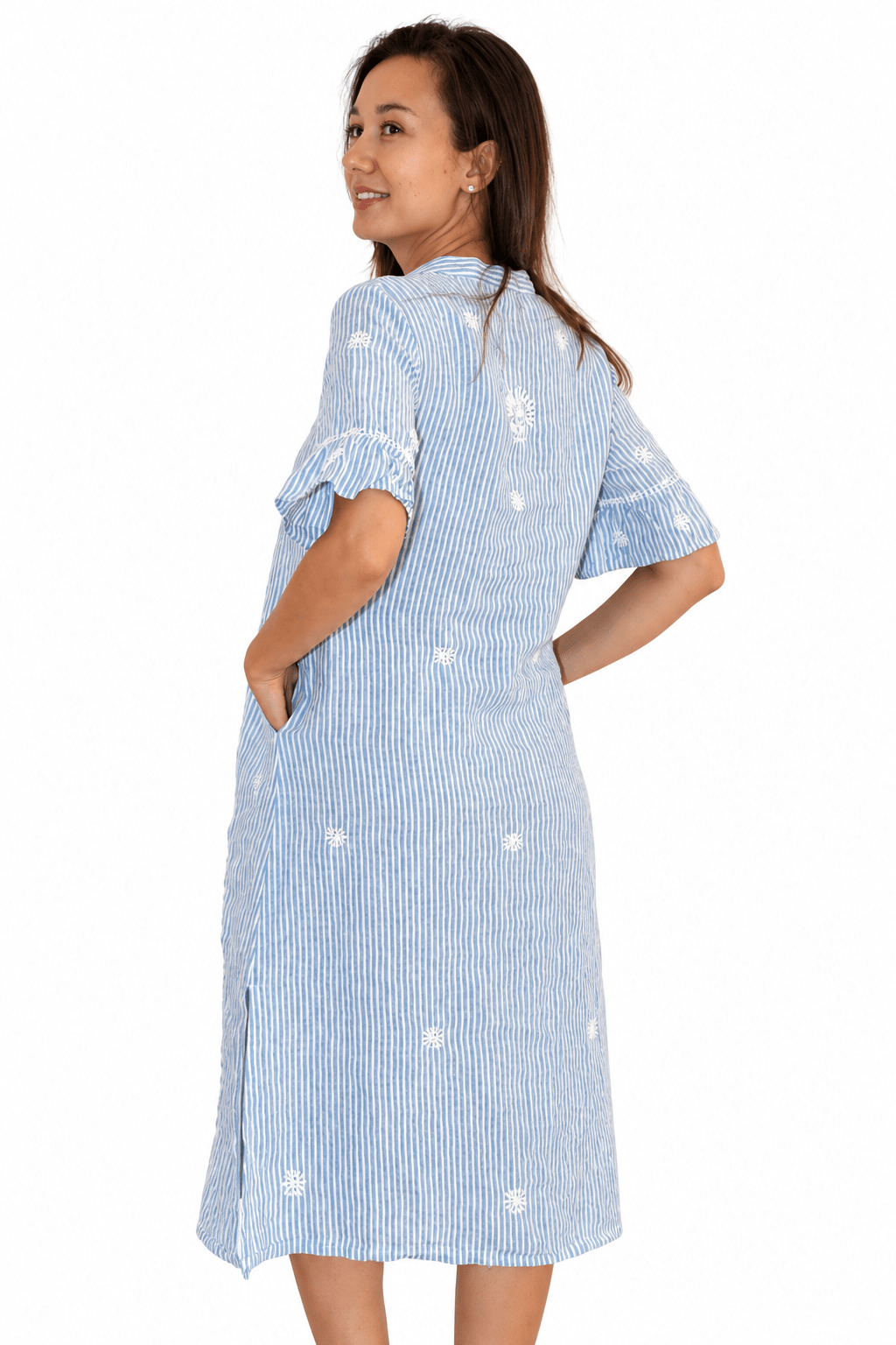 Linen Blue Stripes Kurta – White Hand Emb - Joshi