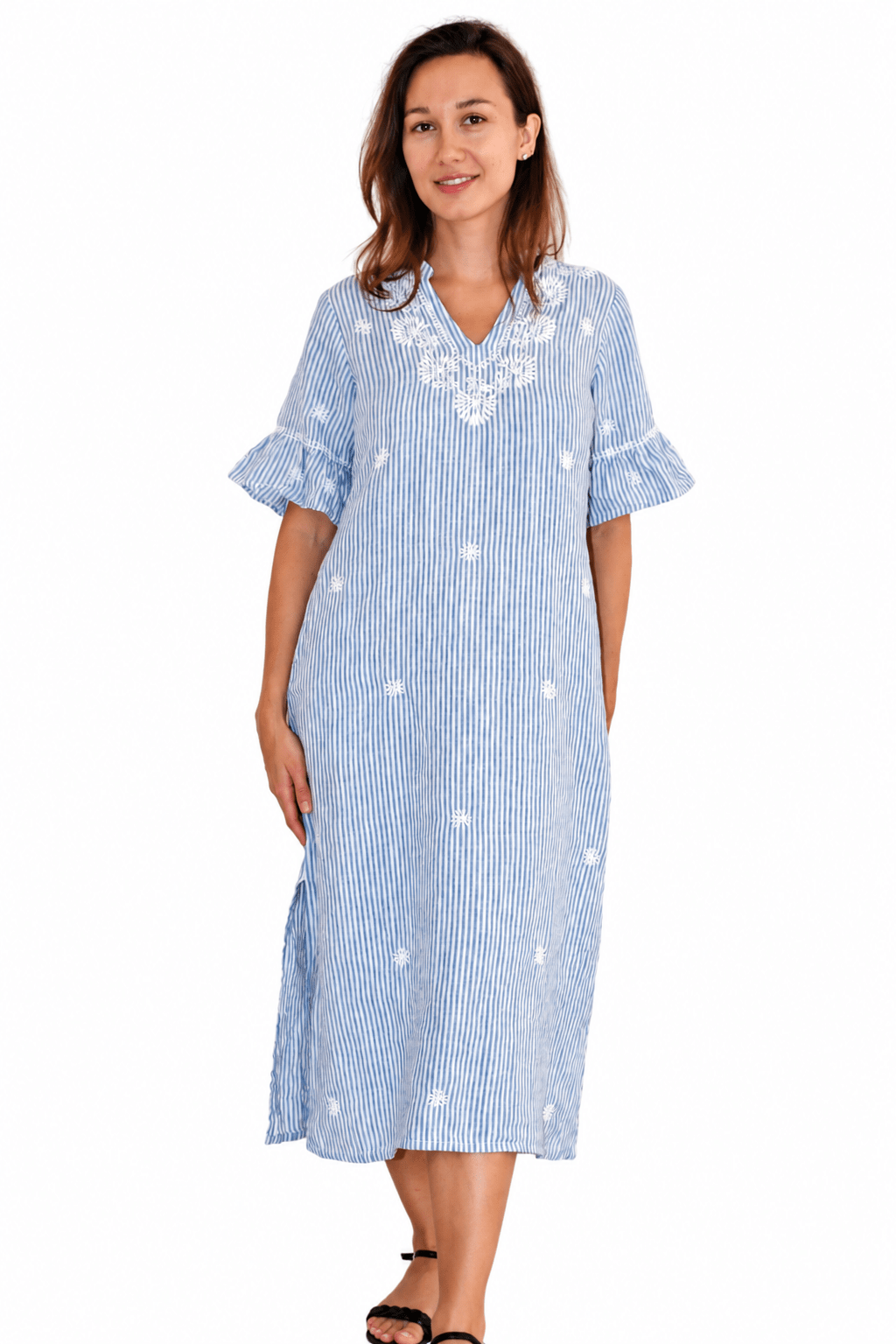 Linen Blue Stripes Kurta – White Hand Emb - Joshi