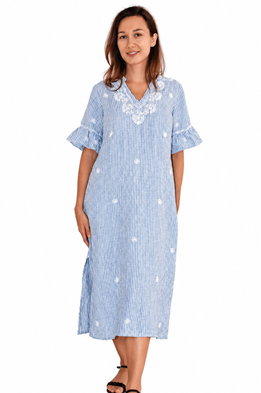 Linen Blue Stripes Kurta – White Hand Emb - JoshiKurta