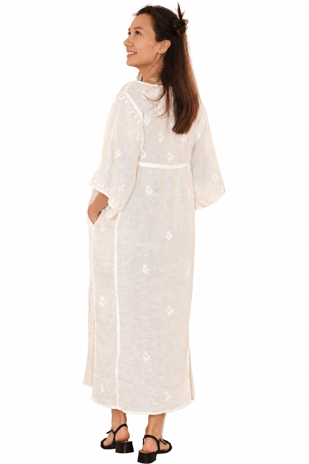 Linen Kimono Dress / Hand Emb Off White - JoshiKimono